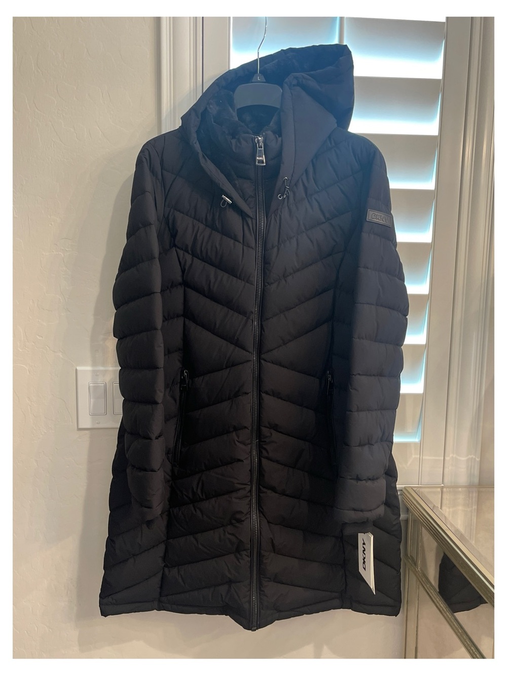 DKNY Black Quilted Hooded Long Puffer Coat